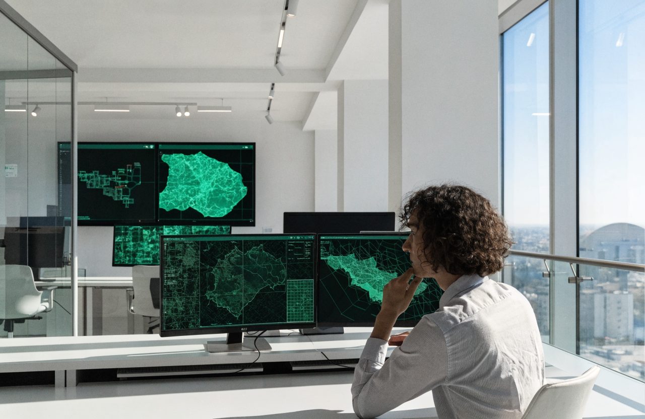 Analyst at a GIS workstation with maps on the screens