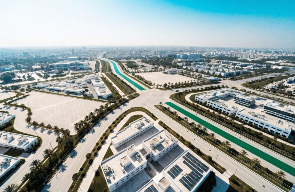 Aerial view of a road network in a smart-city development