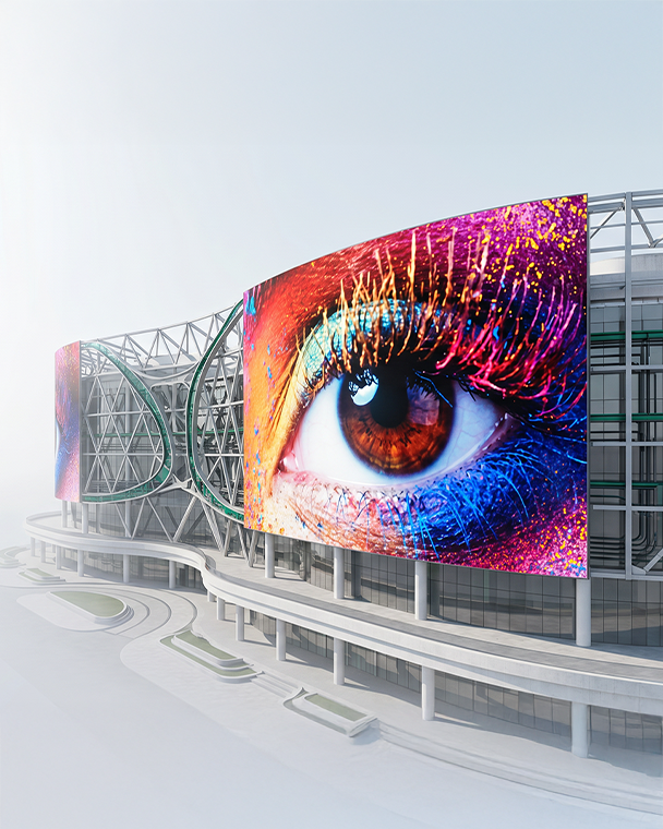 LED media façade showing a close-up of an eye on a building